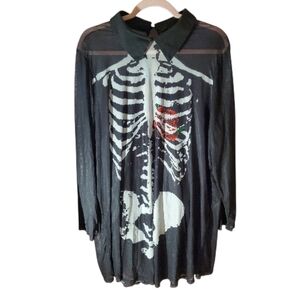 SHEIN Black Sheer Skeleton Print Button-Up Dress with Red Accent